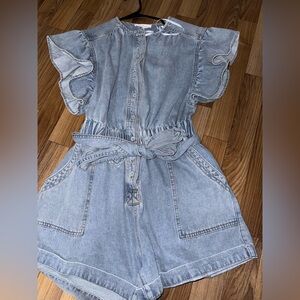 Mable romper Light Wash Denim Belted Romper with Ruffle Sleeves